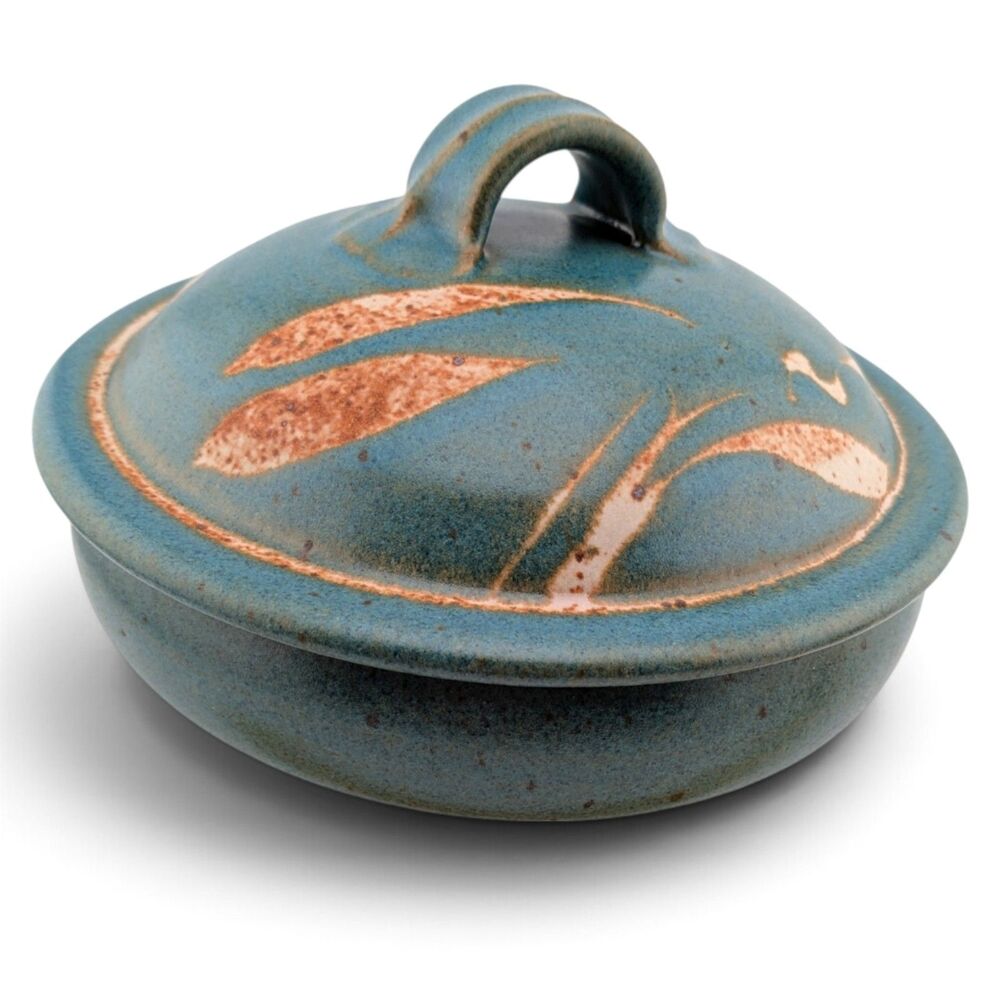 Handmade Studio Pottery Lidded Covered Casserole Serving Dish Blue Green 8.5"